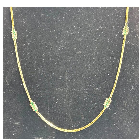 Vintage Hobé Gold Tone Box Link Necklace Emerald Green Rhinestone Accent 28" - Picture 1 of 8
